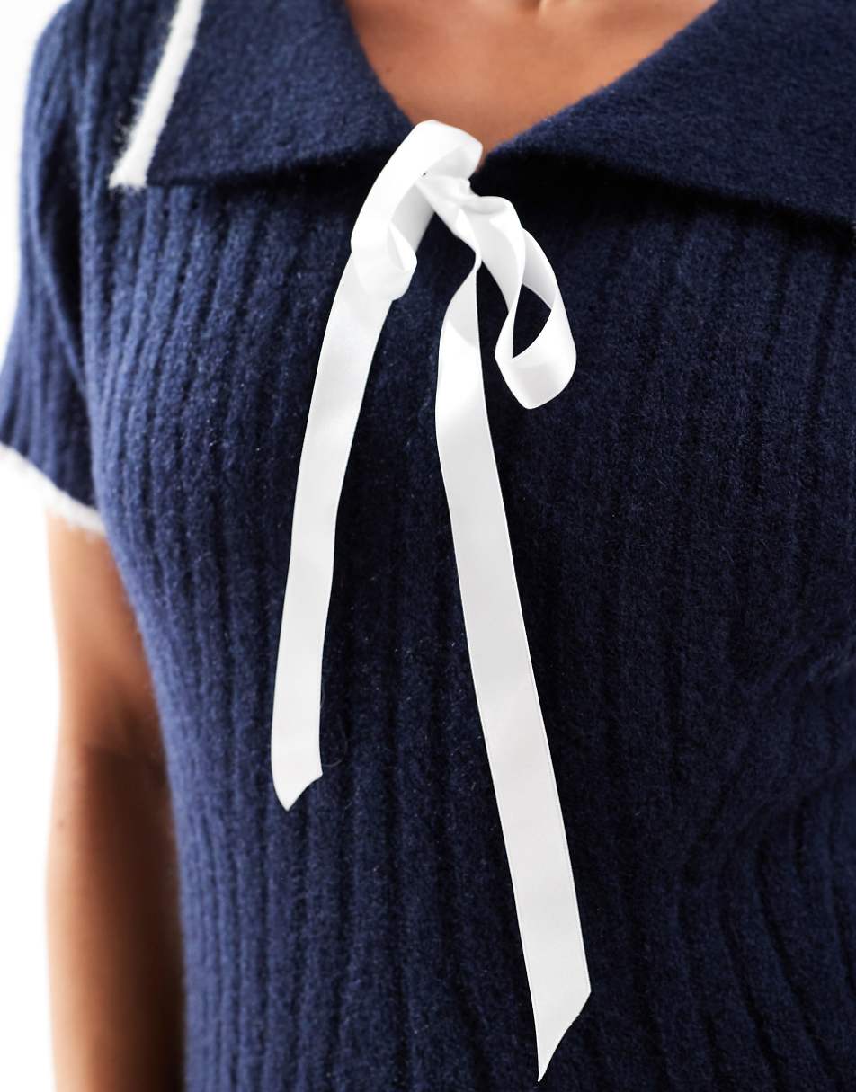 Miss Selfridge tipped collar bow detail short sleeve knit mini dress in navy