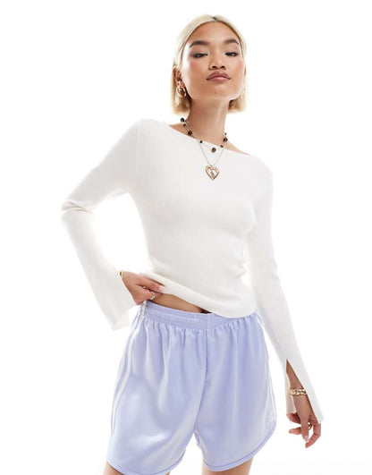 COLLUSION ribbed slash neck fine gauge sweater in ecru