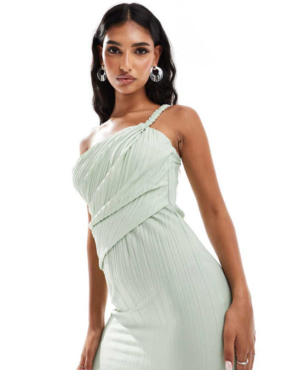ASOS DESIGN plisse plaited one off shoulder midi dress with draped front in sage green