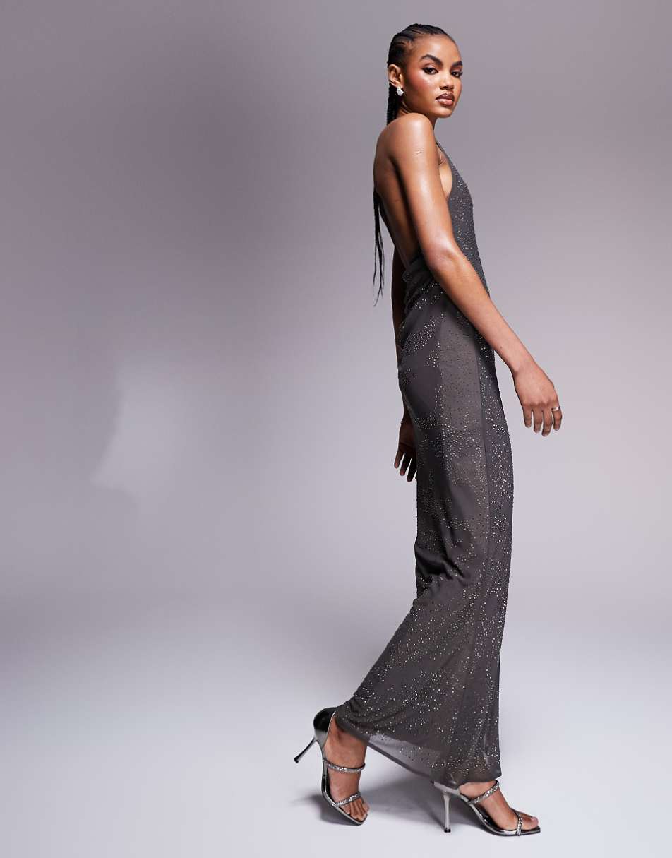 ASOS DESIGN artwork hotfix one shoulder maxi dress with open back in charcoal