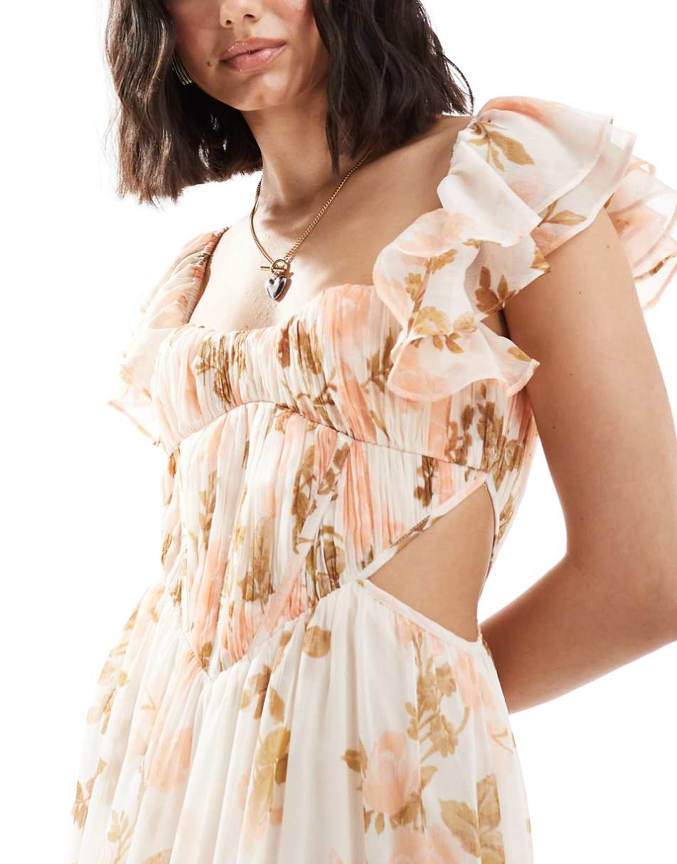 ASOS DESIGN flutter sleeve corset cut out midaxi dress in peach floral