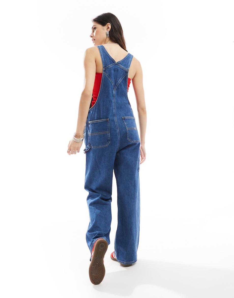 Tommy Jeans retro flag overalls in mid wash