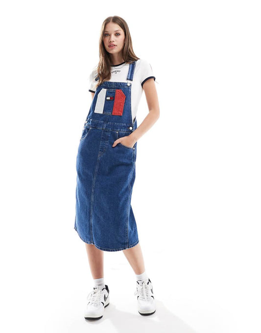 Tommy Jeans flag overall dress in mid wash