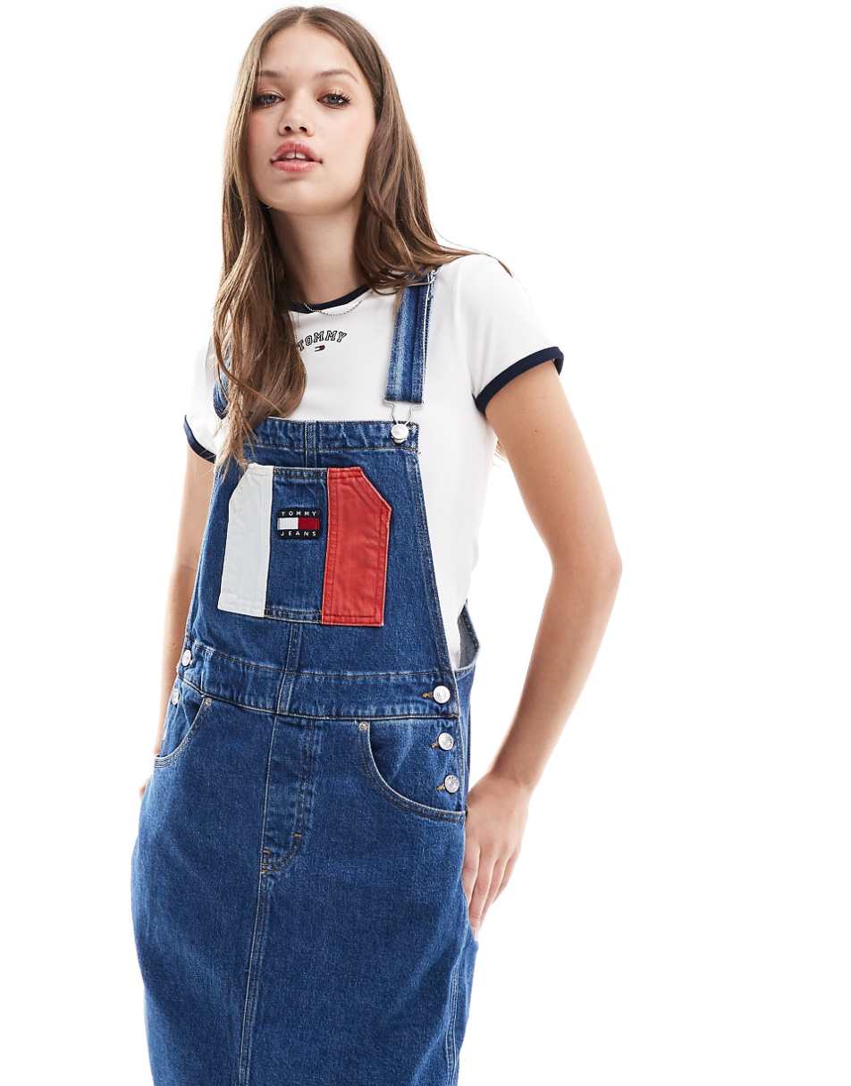 Tommy Jeans flag overall dress in mid wash