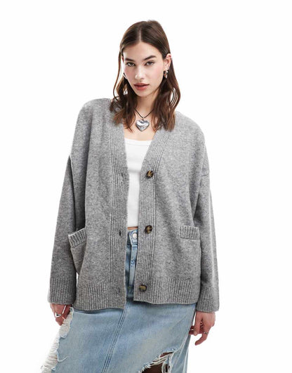 Monki knit button front cardigan in gray
