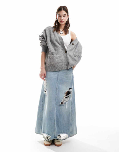 Monki knit button front cardigan in gray