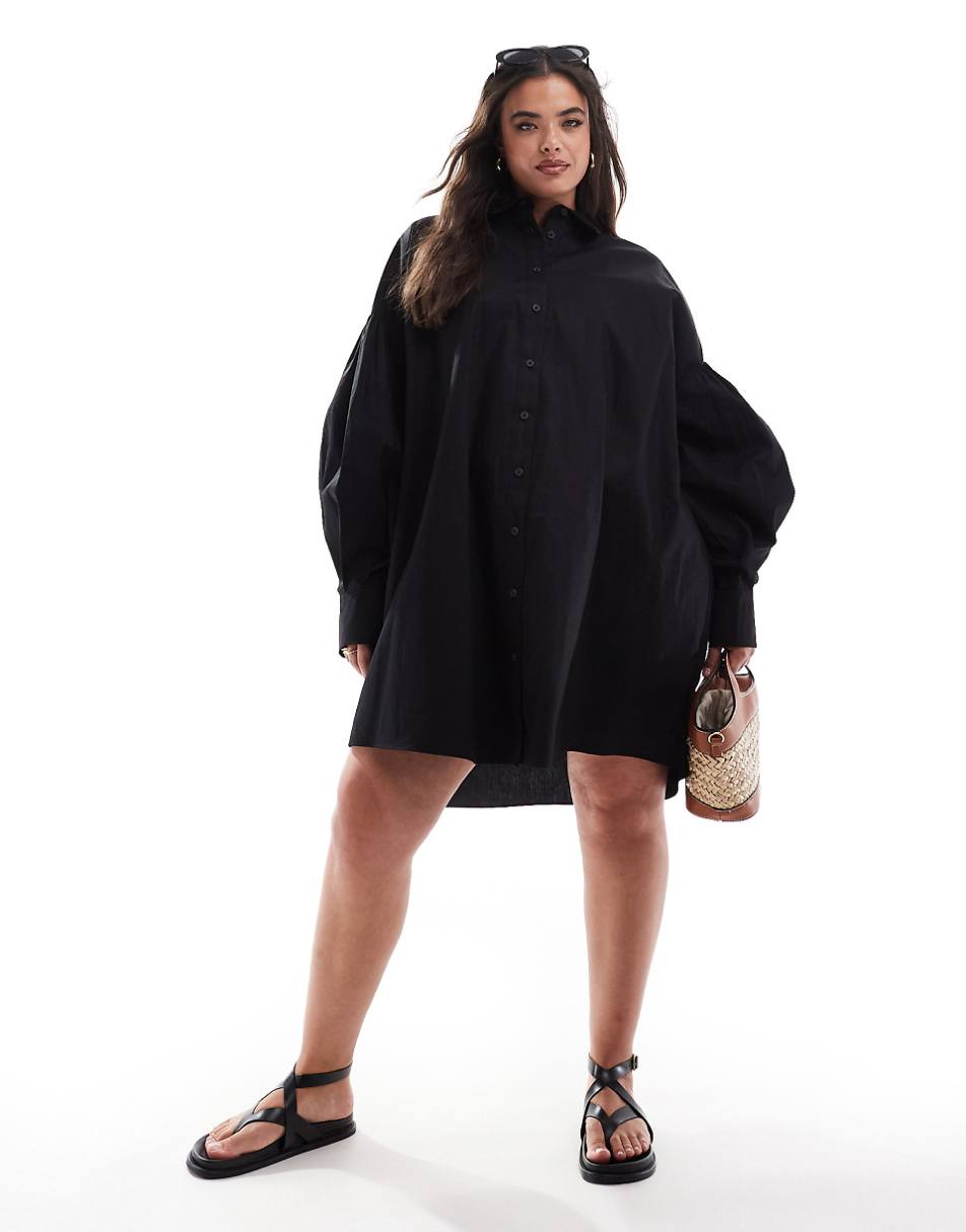 ASOS DESIGN Curve boyfriend shirt mini dress with blouson sleeve in black