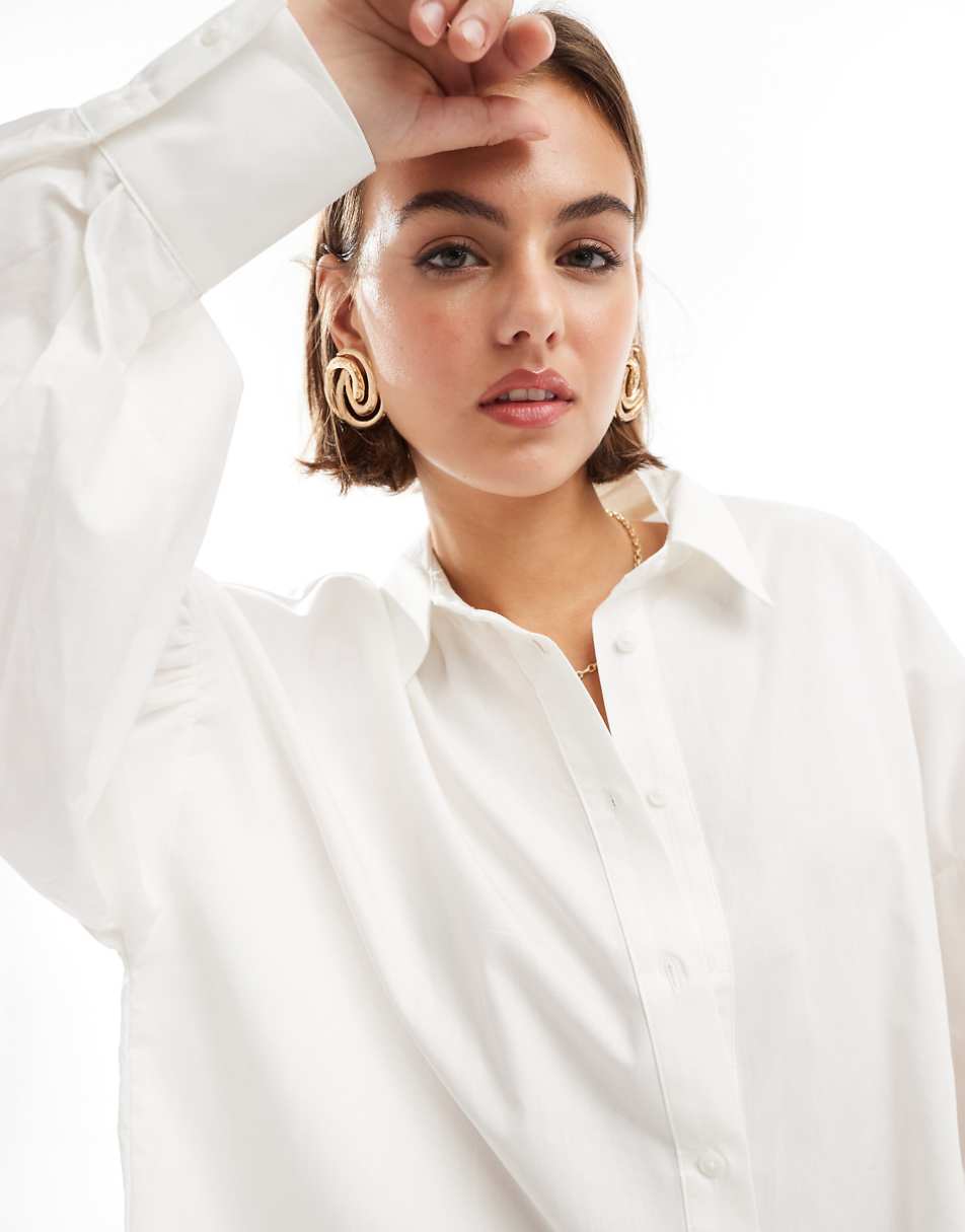 ASOS DESIGN boyfriend shirt mini dress with blouson sleeve in white