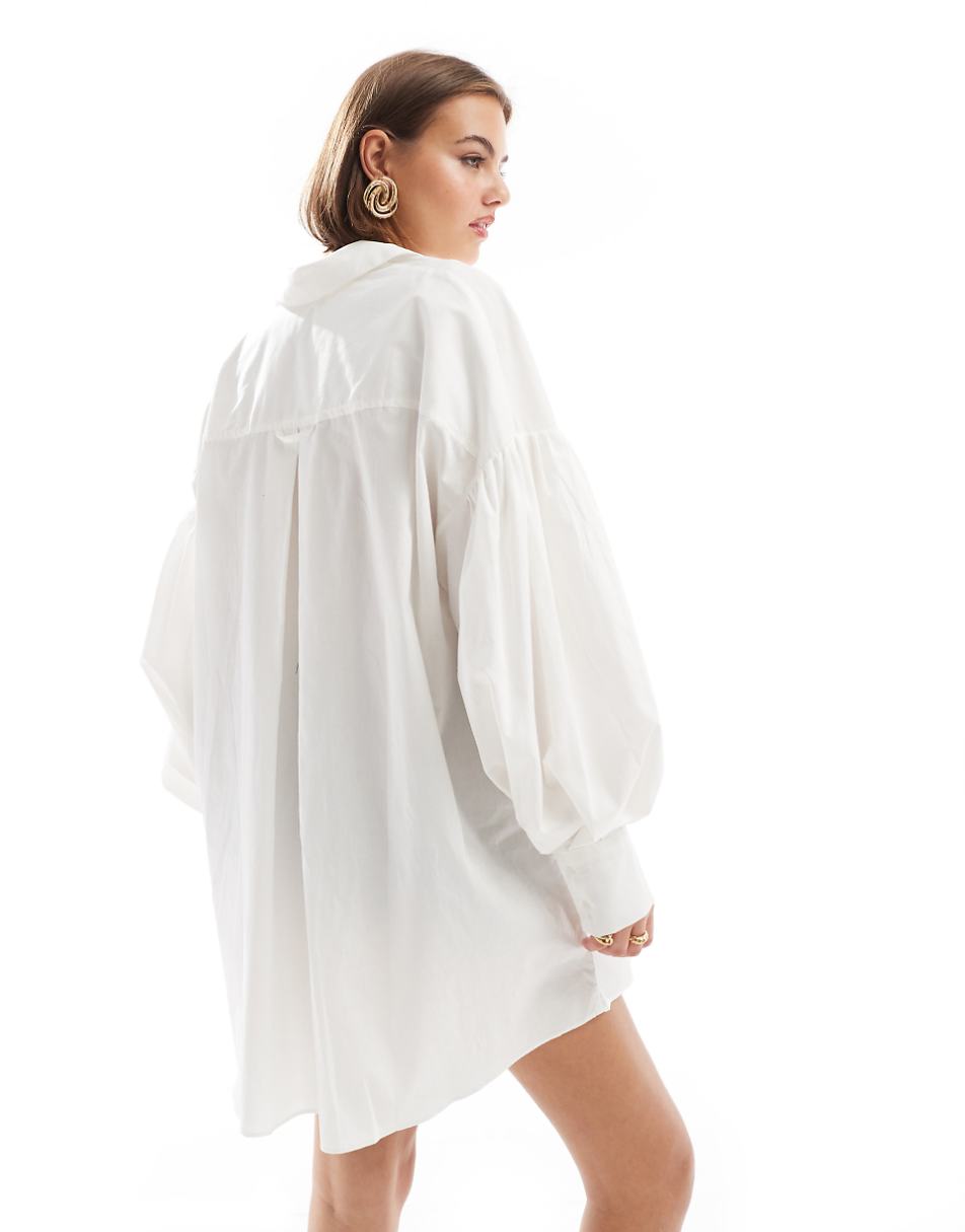 ASOS DESIGN boyfriend shirt mini dress with blouson sleeve in white