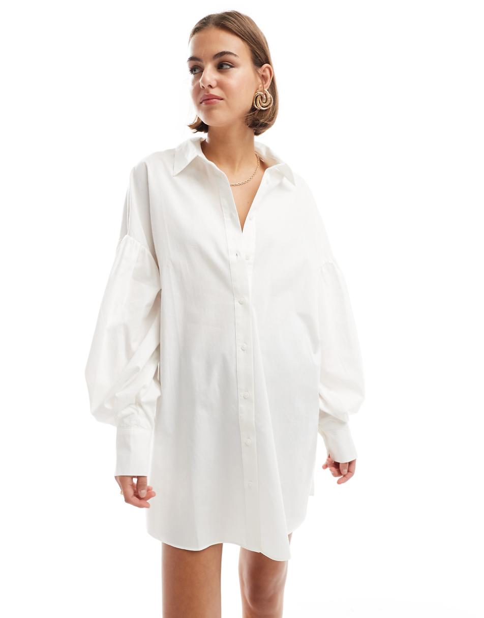 ASOS DESIGN boyfriend shirt mini dress with blouson sleeve in white