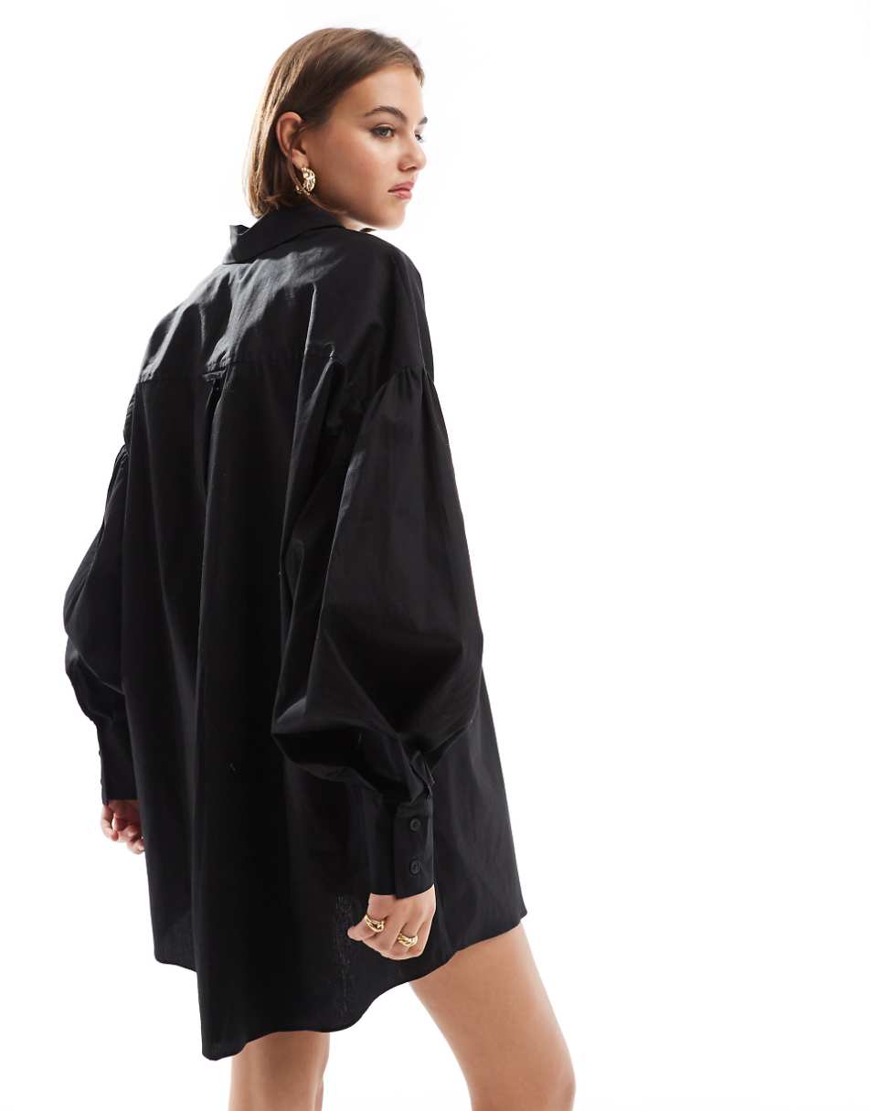 ASOS DESIGN boyfriend shirt mini dress with blouson sleeve in black