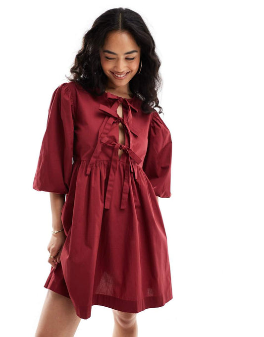 ASOS DESIGN bow tie front mini smock dress in burgundy