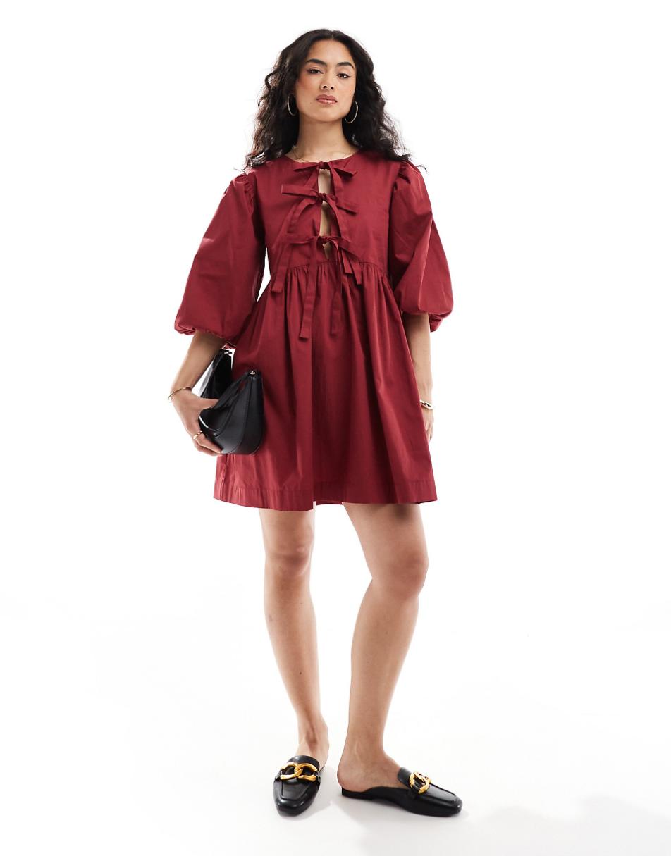 ASOS DESIGN bow tie front mini smock dress in burgundy