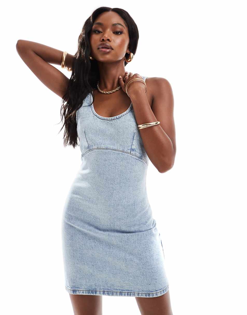 ASOS DESIGN denim fitted pinafore dress in bleach wash