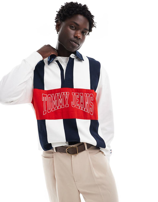 Tommy Jeans archive rugby shirt in white and navy stripe