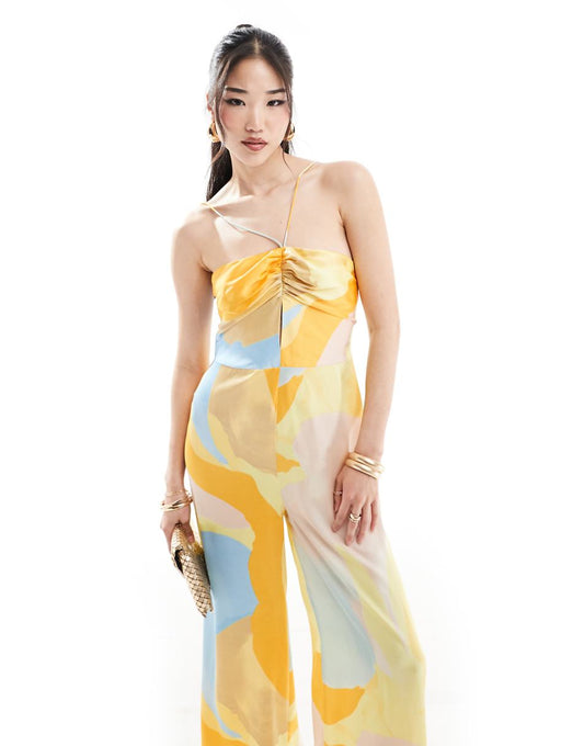 ASOS DESIGN halter tie ruched front straight leg satin jumpsuit in abstract print