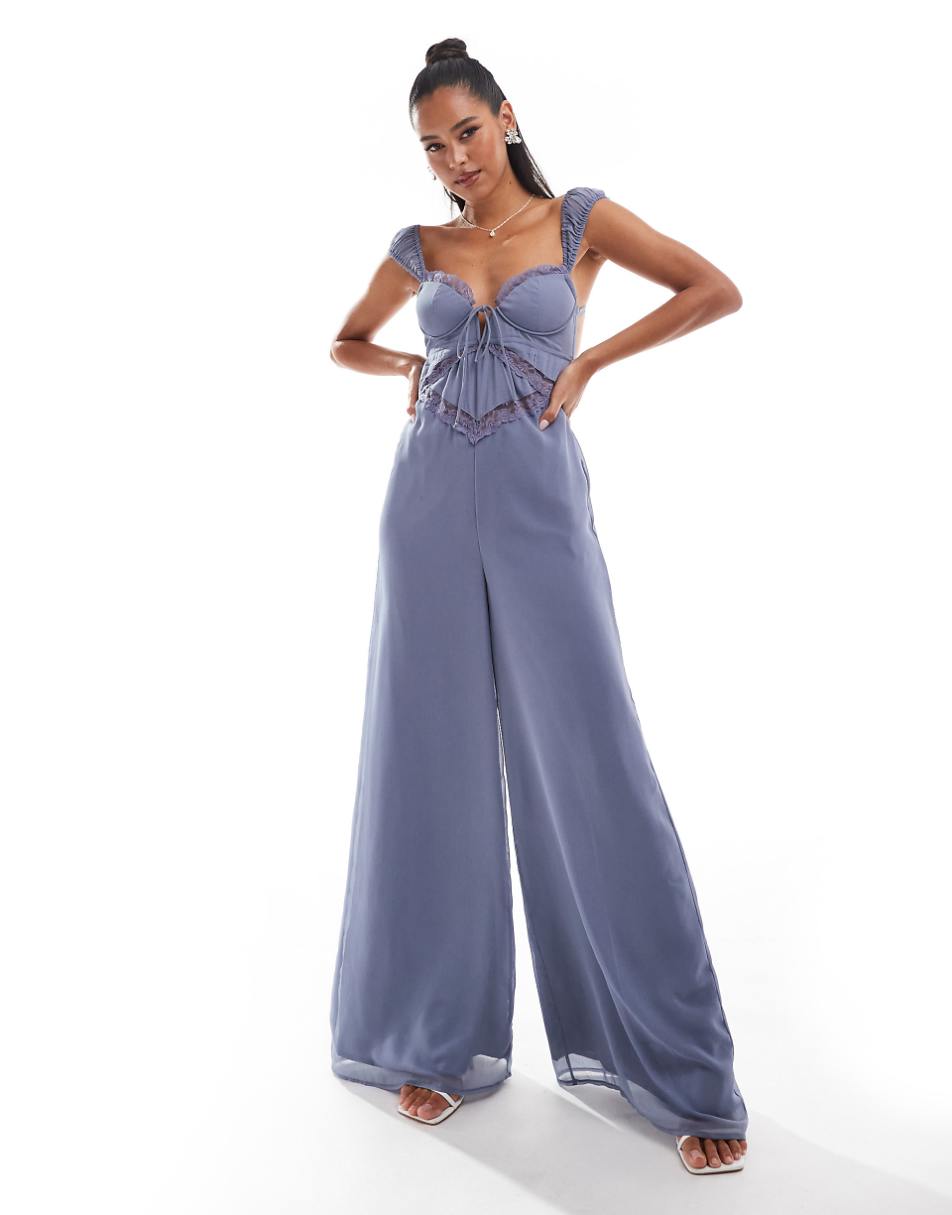 ASOS DESIGN lace insert corset detail wide leg jumpsuit in dusky blue