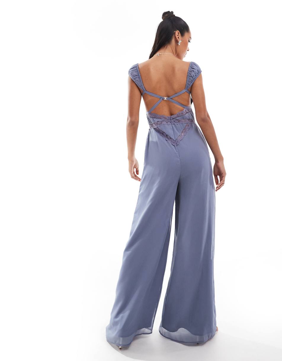 ASOS DESIGN lace insert corset detail wide leg jumpsuit in dusky blue