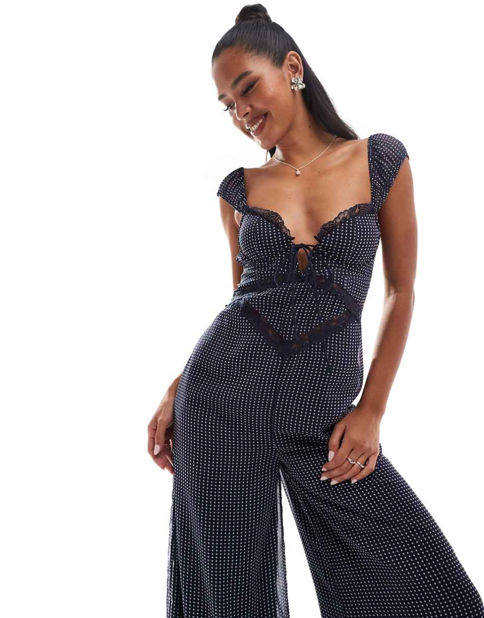 ASOS DESIGN lace insert corset detail wide leg jumpsuit in black spot