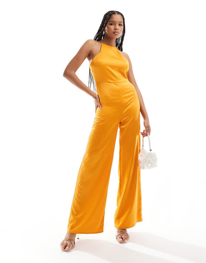 ASOS DESIGN satin racer neck wide leg jumpsuit in bright orange