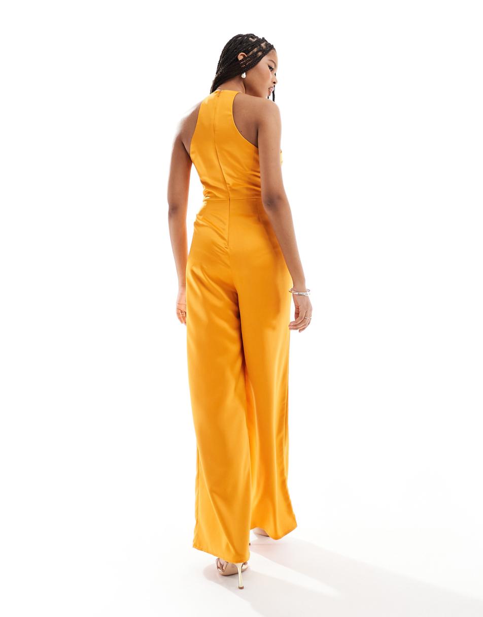 ASOS DESIGN satin racer neck wide leg jumpsuit in bright orange