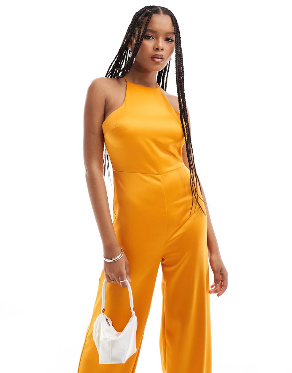 ASOS DESIGN satin racer neck wide leg jumpsuit in bright orange