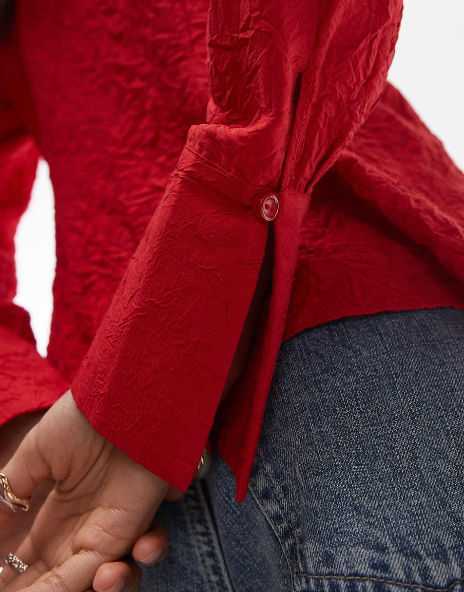 Topshop tie front crinkle top in red