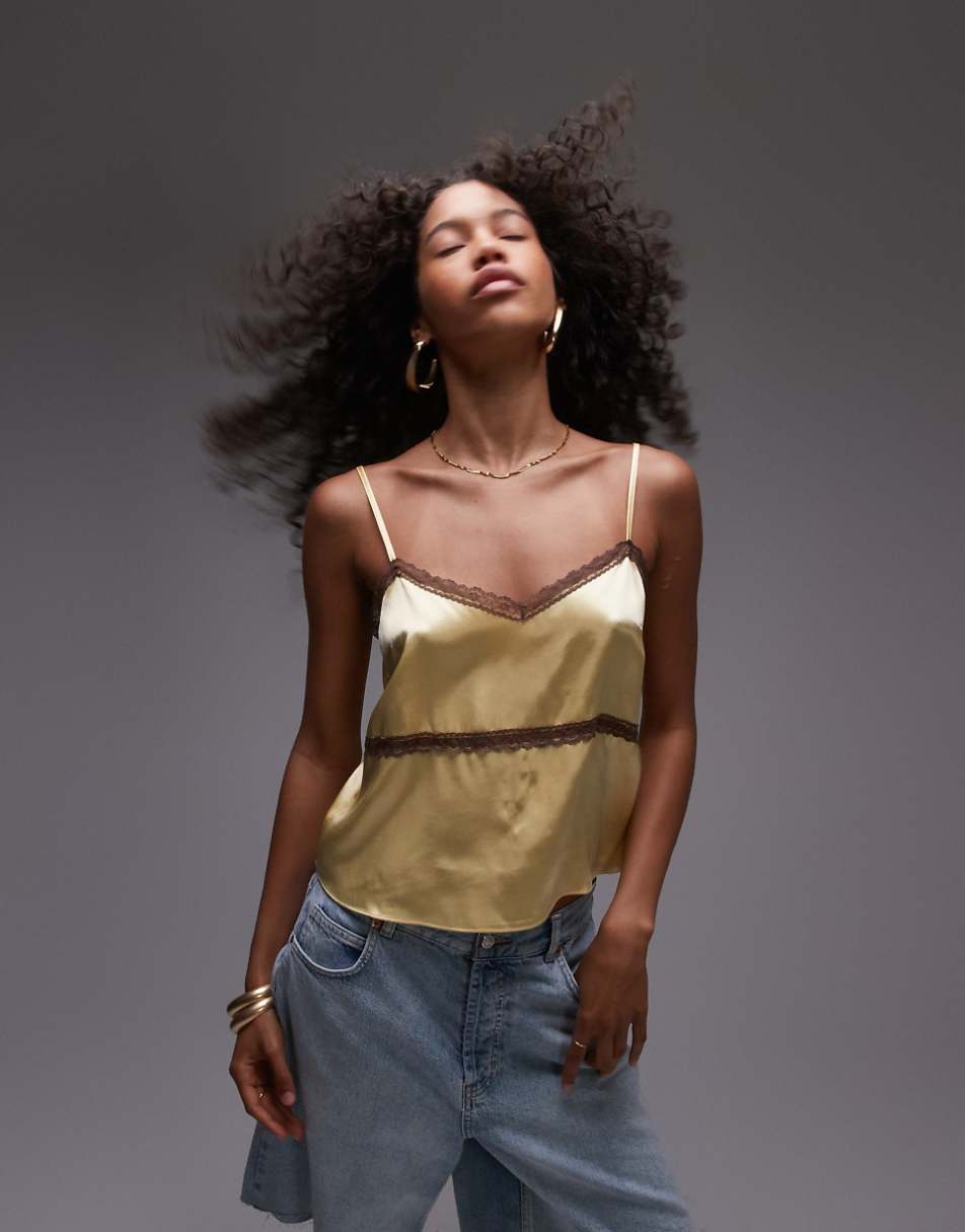 Topshop satin cami top in yellow with brown lace