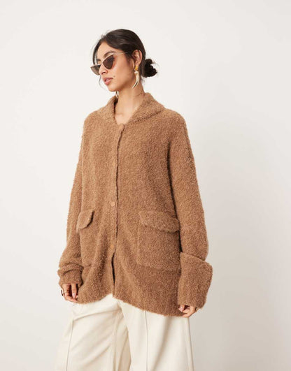 ASOS EDITION boucle knit oversized button up sweater in camel