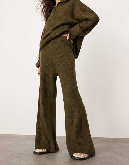 ASOS EDITION knit ribbed wide leg pants in khaki -set