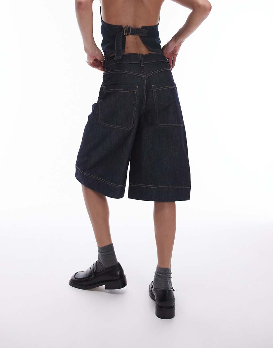 Topshop denim pleated jorts in raw indigo