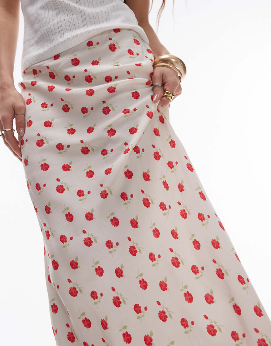 Topshop maxi skirt in ivory and red ditsy floral