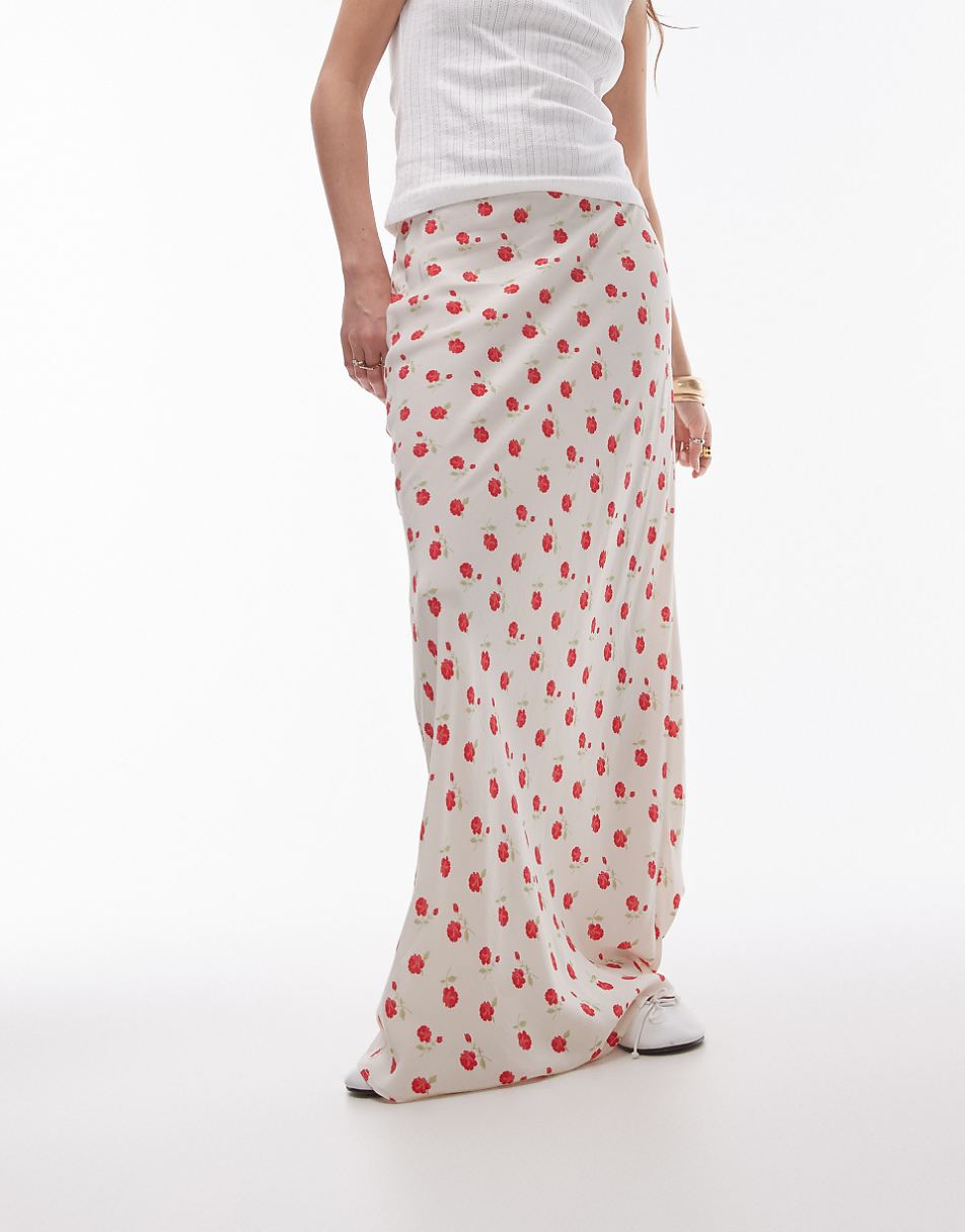 Topshop maxi skirt in ivory and red ditsy floral