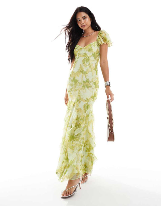 ASOS DESIGN flutter sleeve maxi dress with ruffle panels in green floral print