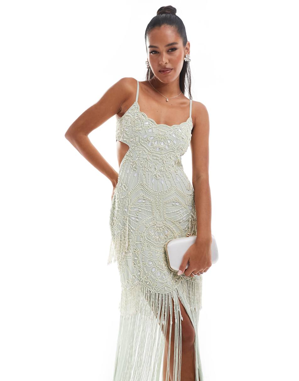 ASOS DESIGN cut out fringe maxi dress with beaded embellishment in sage green