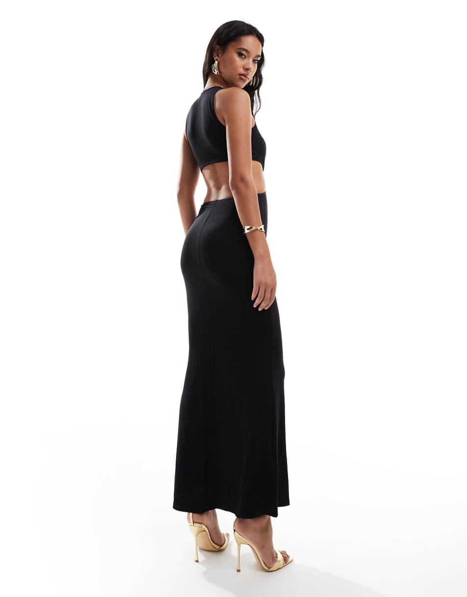 ASOS DESIGN gold trim maxi dress with open back detail in black