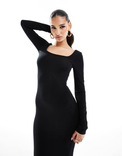 ASOS DESIGN square neck softline long sleeve maxi dress in black