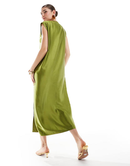 ASOS DESIGN satin sleeveless oversized midi t-shirt dress in chartreuse