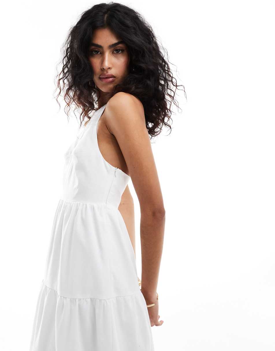 The Frolic sandy shirred back tiered maxi beach dress in off white