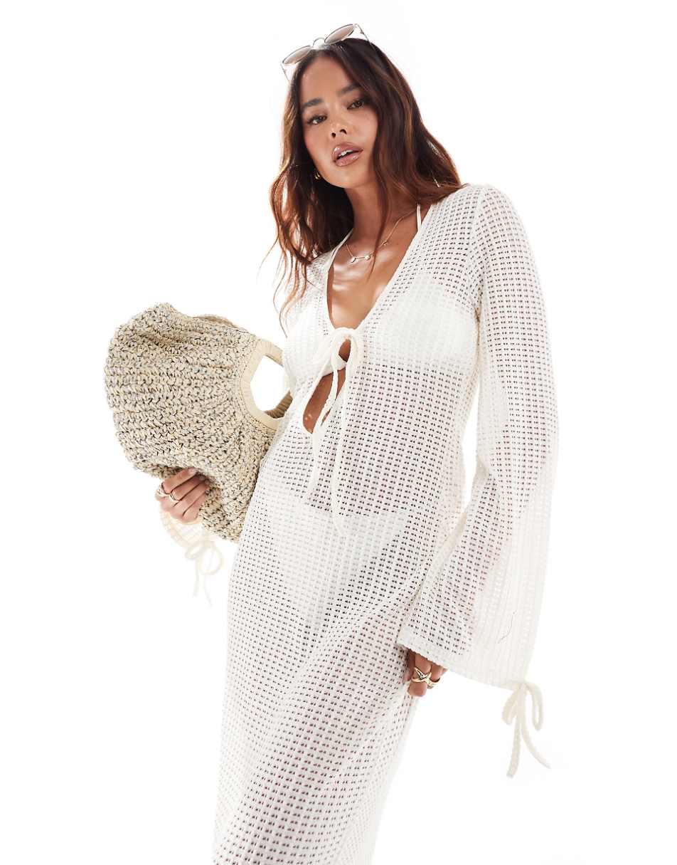 The Frolic esmarie tie detail long sleeve maxi beach dress in oat