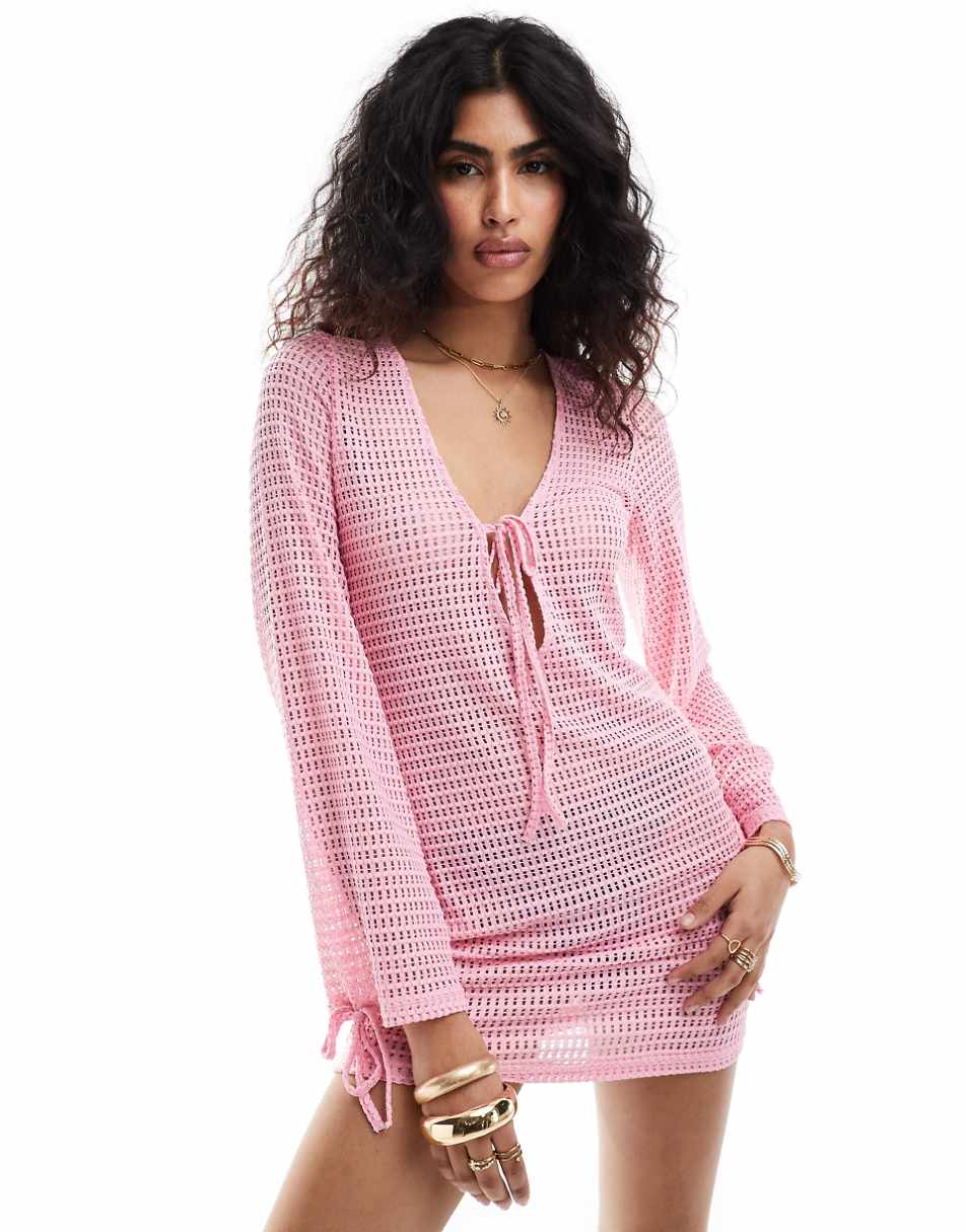 The Frolic esmarie tie detail long sleeve mini beach dress in pink