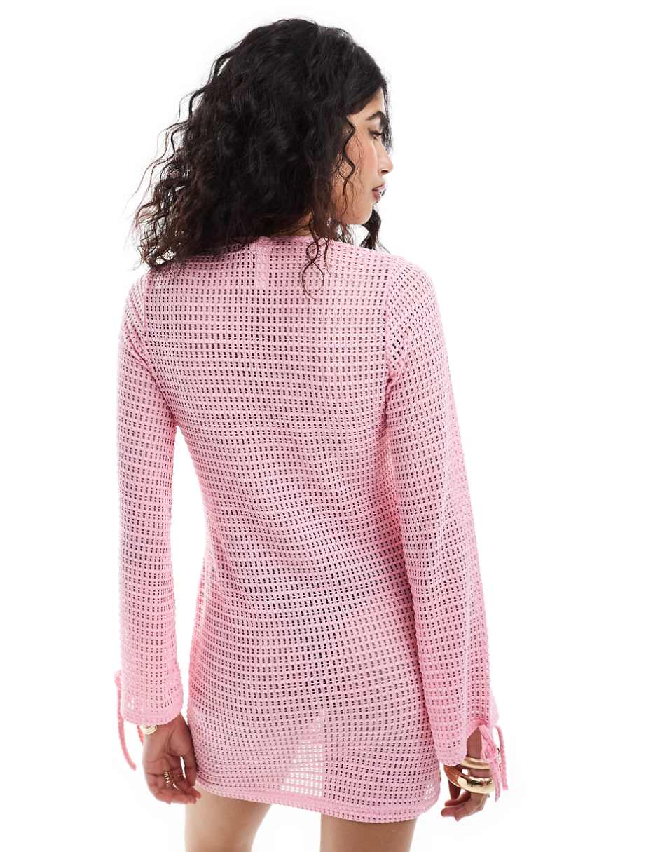 The Frolic esmarie tie detail long sleeve mini beach dress in pink