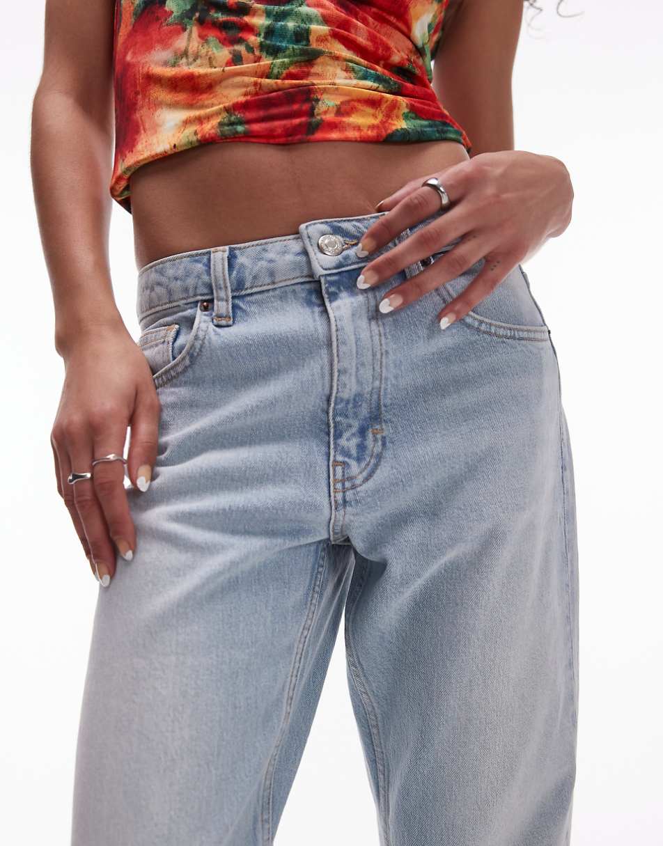 Topshop cropped mid rise straight jeans with raw hems in summer bleach