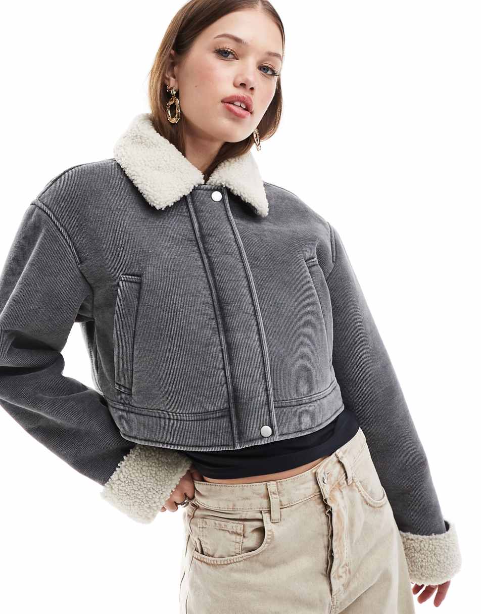 ASOS DESIGN cord bonded jacket with shearling collar in gray