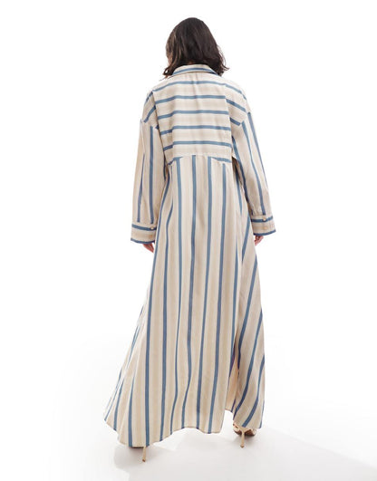 ASOS DESIGN oversized double point waist seam maxi shirt dress in stone and blue stripe