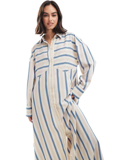 ASOS DESIGN oversized double point waist seam maxi shirt dress in stone and blue stripe