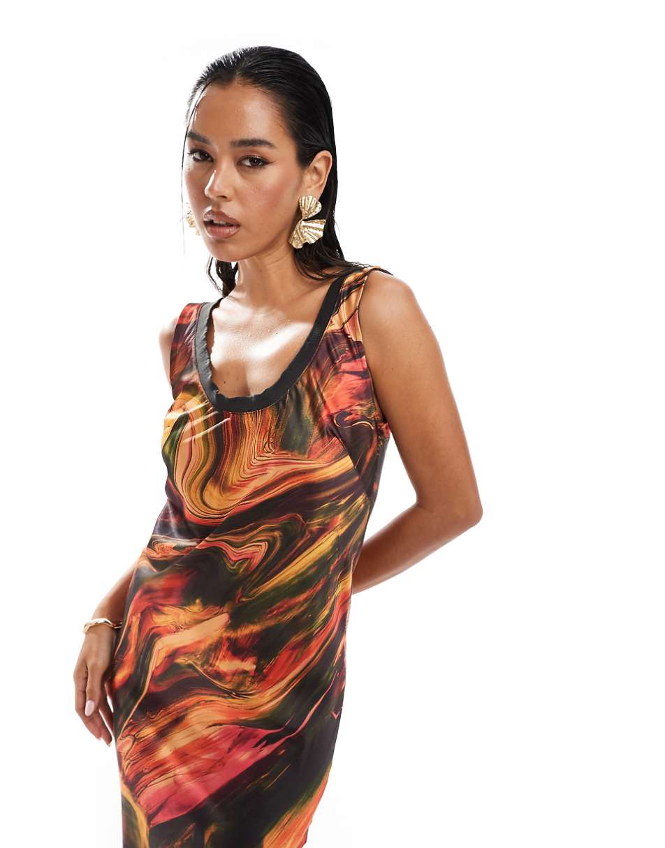 ASOS DESIGN bias slip midi dress with ribbed neck in abstract print