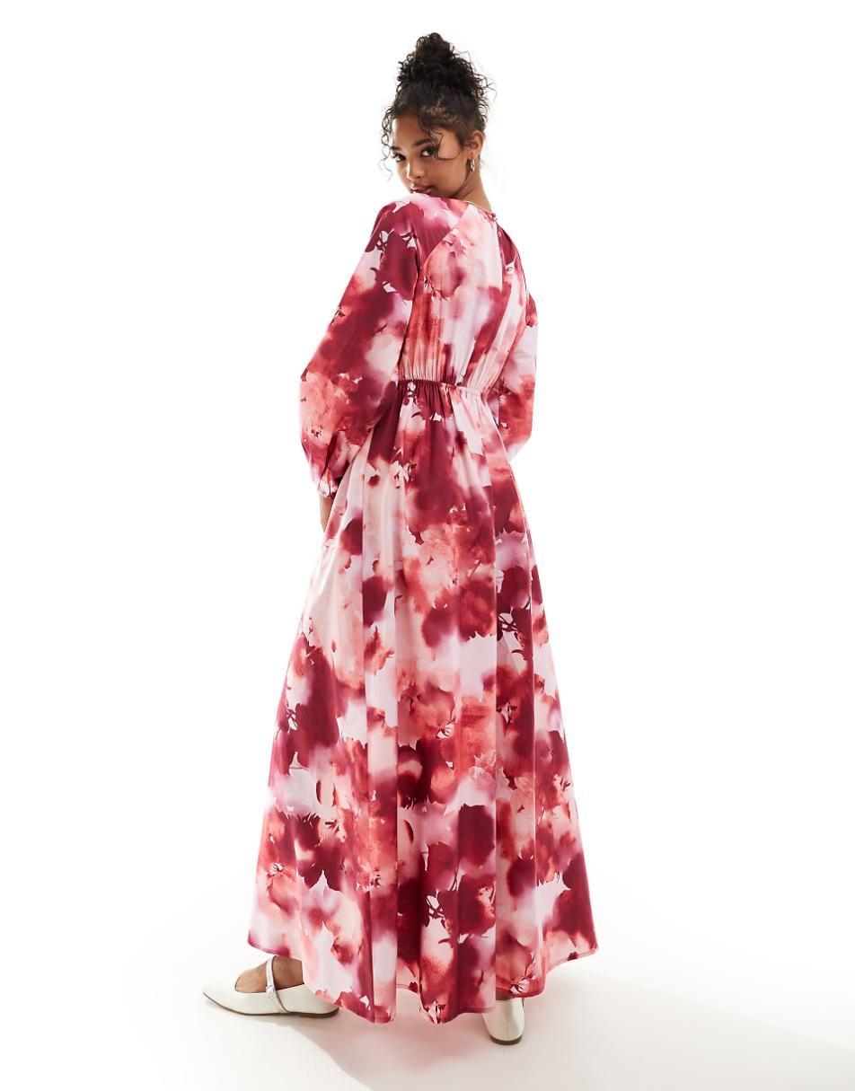 ASOS DESIGN maxi dress with ruched seam detail in blurred rose print