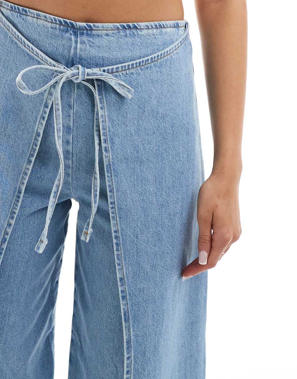 ASOS DESIGN cropped wide leg jeans with wrap skirt waist in light wash blue