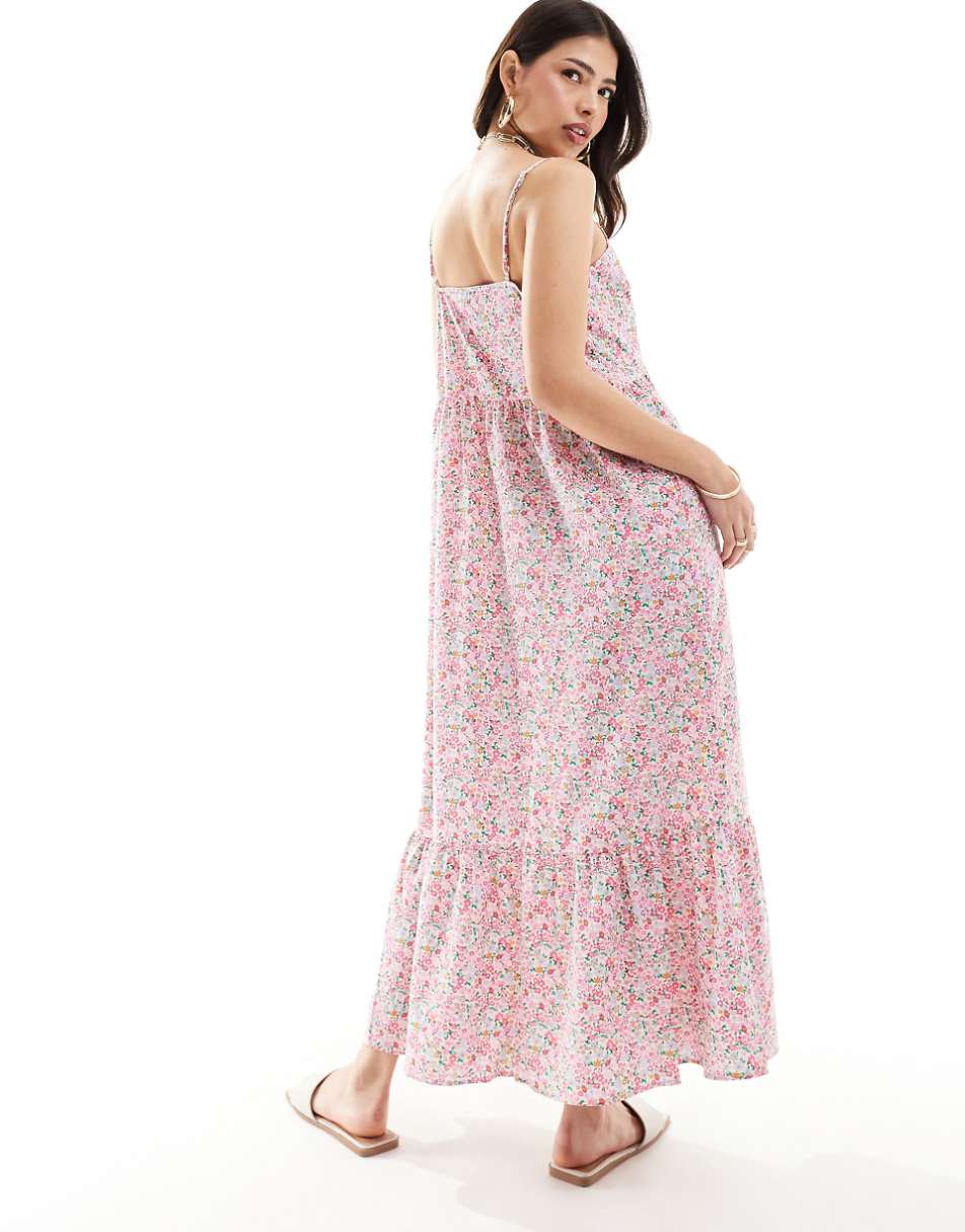 Pieces frill bottom maxi dress in pink floral print